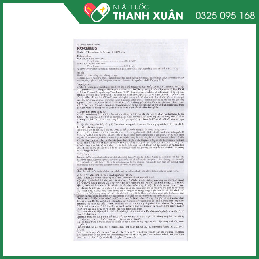 Rocimus 0.03% điều trị bệnh ngoài da do yếu tố miễn dịch, viêm da cơ địa